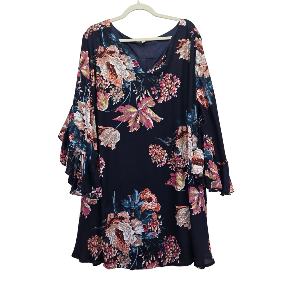 Umgee Plus Navy Floral Ruffle Bell Sleeve V-Neck‎ Shift Dress 2XL Bohemian Fairy